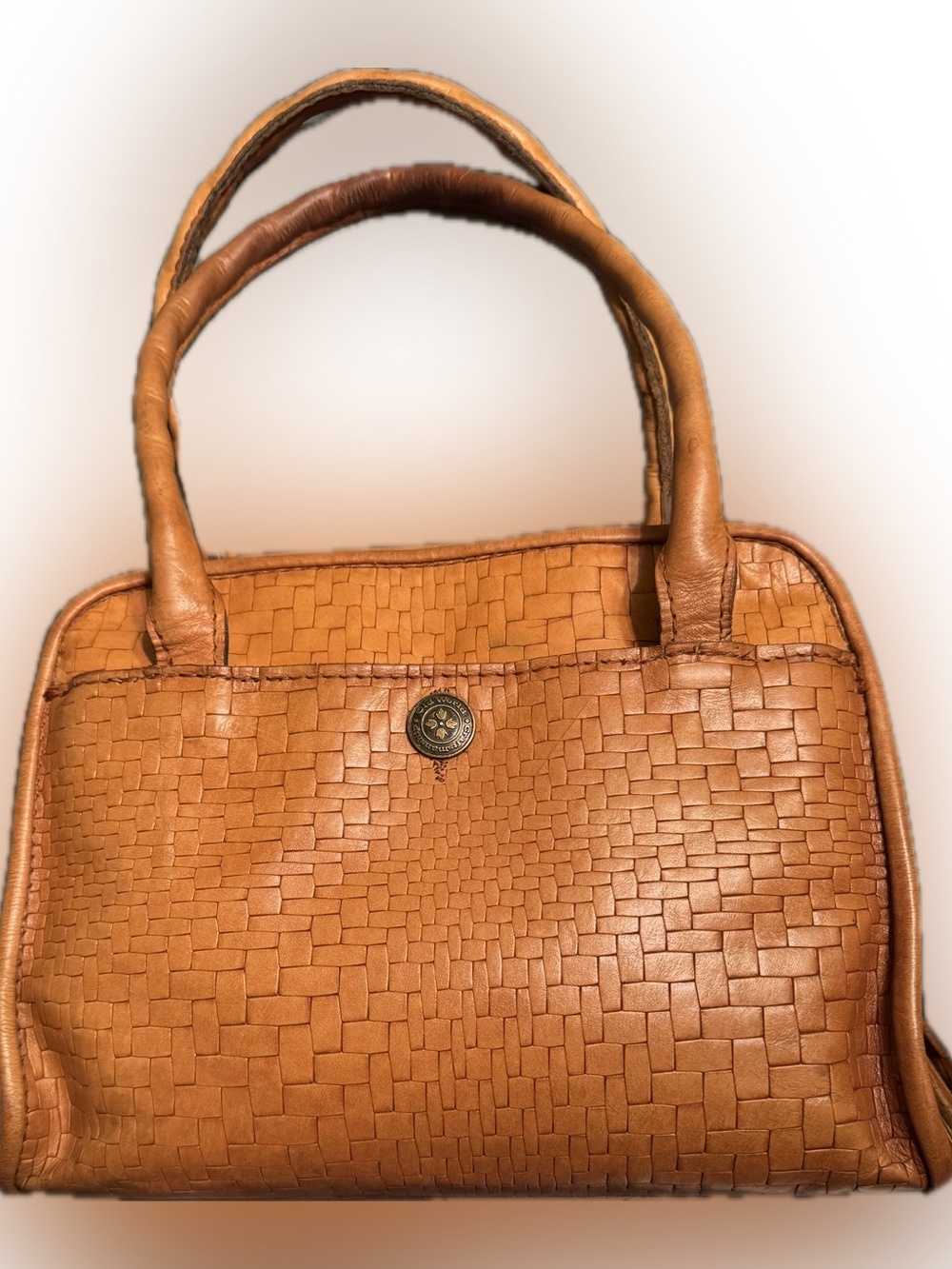 Patricia Nash Woven Leather Satchel in Cognac Tan